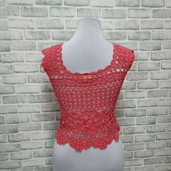 Urban Outfitters Pins And Needles Size L Coral Pink Open Knit Crochet Tank Top - Picture 4 of 5